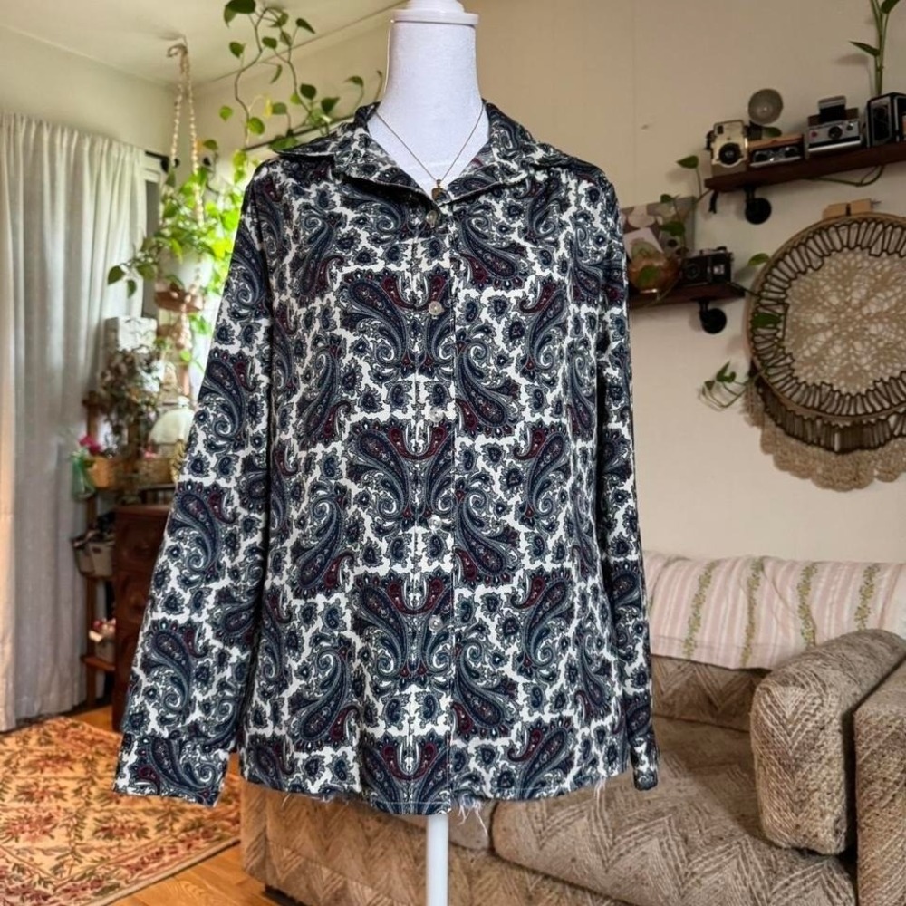 Vintage Paisley Button Up Shirt Long Sleeve Navy Blue Burgundy Blouse